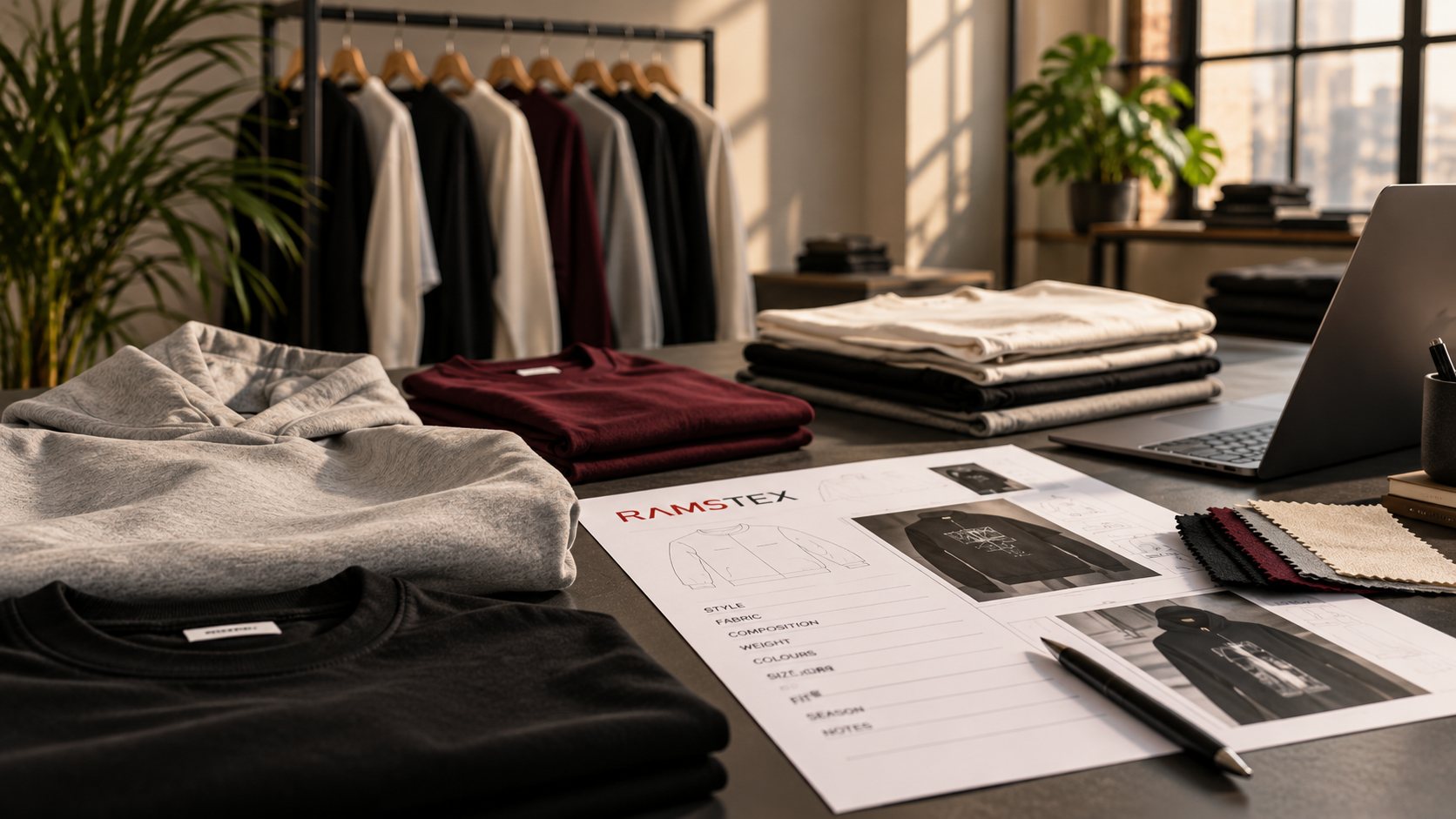 Mesa de trabajo de Ramstex con sudaderas y camisetas dobladas, una ficha técnica y muestras de tejido